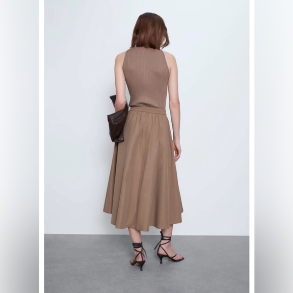ZARA Tan Camel Khaki Button Down Elastic High-Waist Asymmetrical Midi Maxi Skirt - Picture 3 of 16